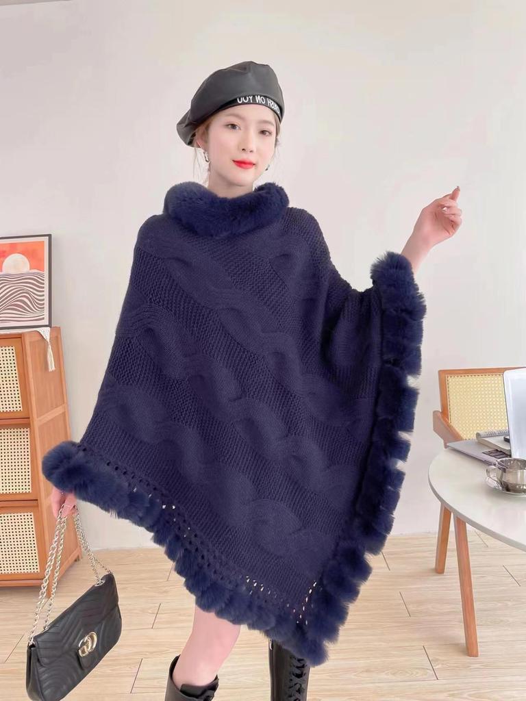 New Imitation Rabbit Fur Solid Color Pullover Cape Sweater Women'S Shawl Pullover Knitted Sweater