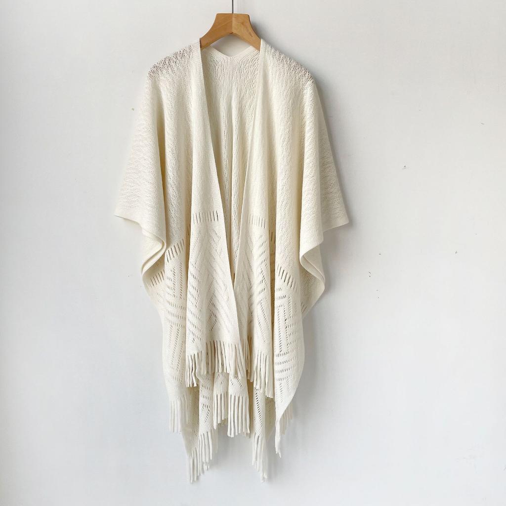 Summer Versatile Ethnic Style White Shawl With Hollowed-Out Knitted Cheongsam Shawl Women'S Air-Conditioning Shawl Fringed Cardigan