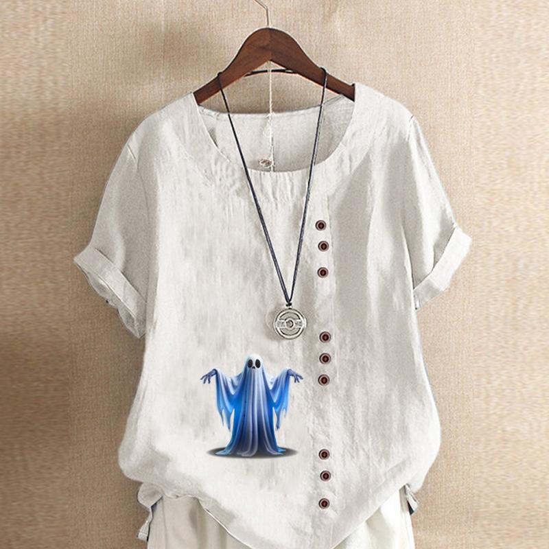 Women's Fashion Ghost Prined Round Neck Short Sleeve T-shirt Casual Cotton Linen Graphic Shirt Leisure Loose Summer Blouse Tops