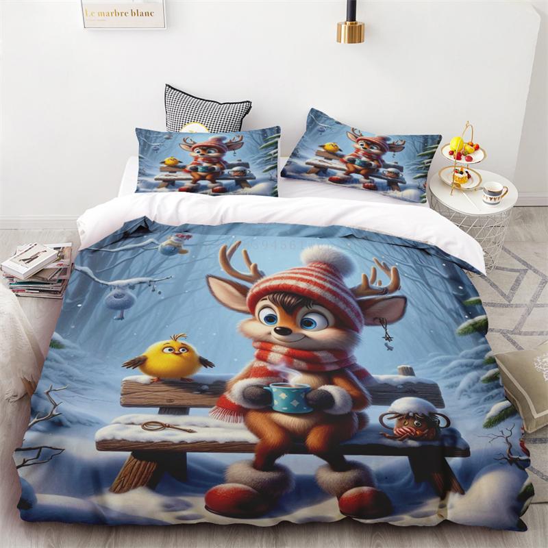 New Style Duvet Cover Christmas Snowman Flower Three-piece Set One Quilt Cover Two Pillowcases Single Double Bed Queen King