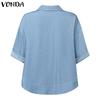 VONDA Elegant Women Short Sleeve Lapel Button Down High Low Hem Casual Cropped Blouse