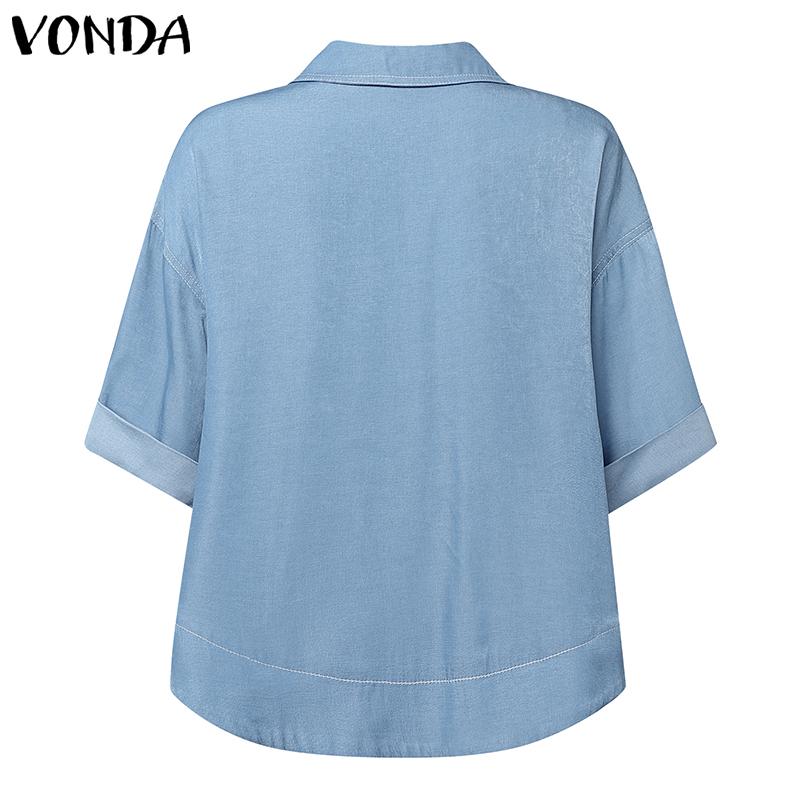 VONDA Elegant Women Short Sleeve Lapel Button Down High Low Hem Casual Cropped Blouse