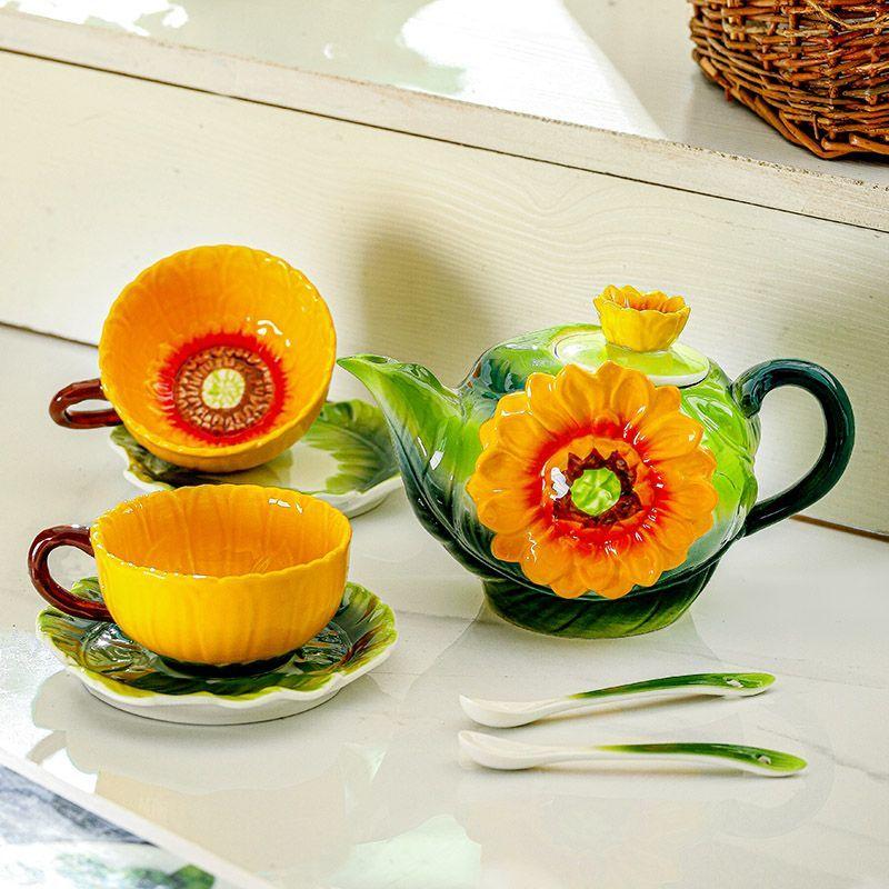 Kreative Sonnenblumenform Keramik Kaffeetasse Teekanne Tasse Zarte Blumige Emaille Farbe Teetasse Büro Tasse Trinkgeschirr Geburtstagsgeschenk