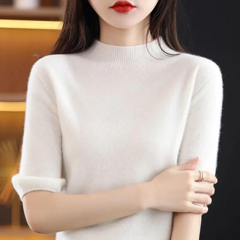 Order A Size Up,Spring/Summer Short Sleeve Sweater Women's Half Turtleneck Short Loose Half Sleeve T-Shirt Versatile Knitted Bottoming Shirt