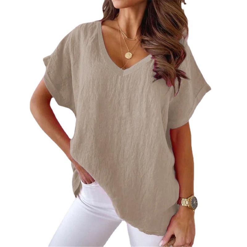 Summer New Short Sleeved V-neck Women T-shirt Solid Color Fashion Elegant Casual Office Blouse Plus Size Basic Loose Simple Tops Women's Clothing