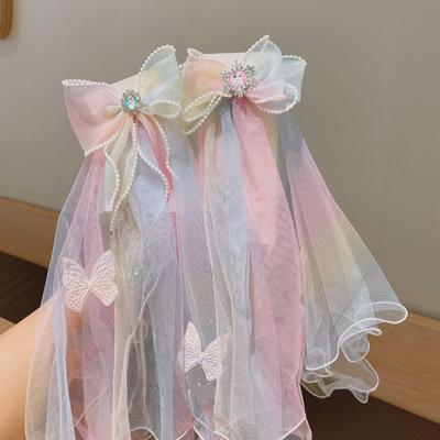 "Snow Princess Gradient Bow Hairpin with Veil and 3D Crown"