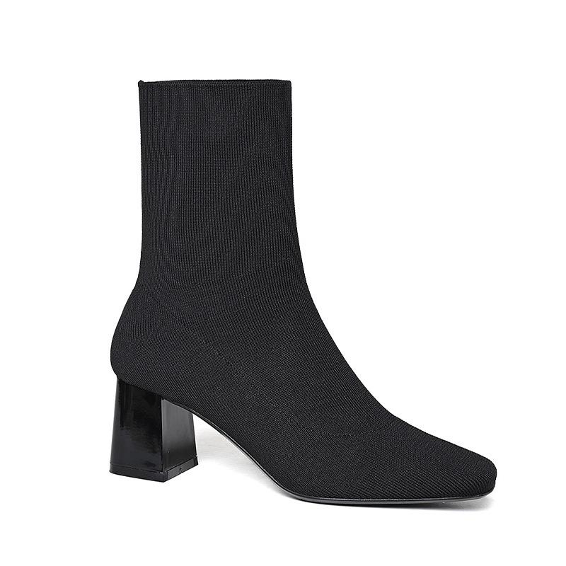 

Летящие чулки толстый каблук квадратный носок высокий каблук кожаные ботинки повседневные универсальные весенне-осенние модные короткие ботинки эластичные тонкие женские туфли 38 чёрный