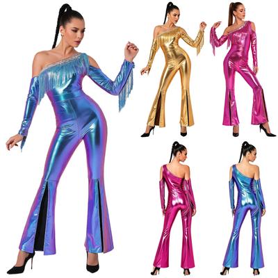 Ein Schulter Langarm Schlaghose Jumpsuit Pailletten Quasten Metallisch Glänzend Cold Shoulder Body für Damen Club Rave Party