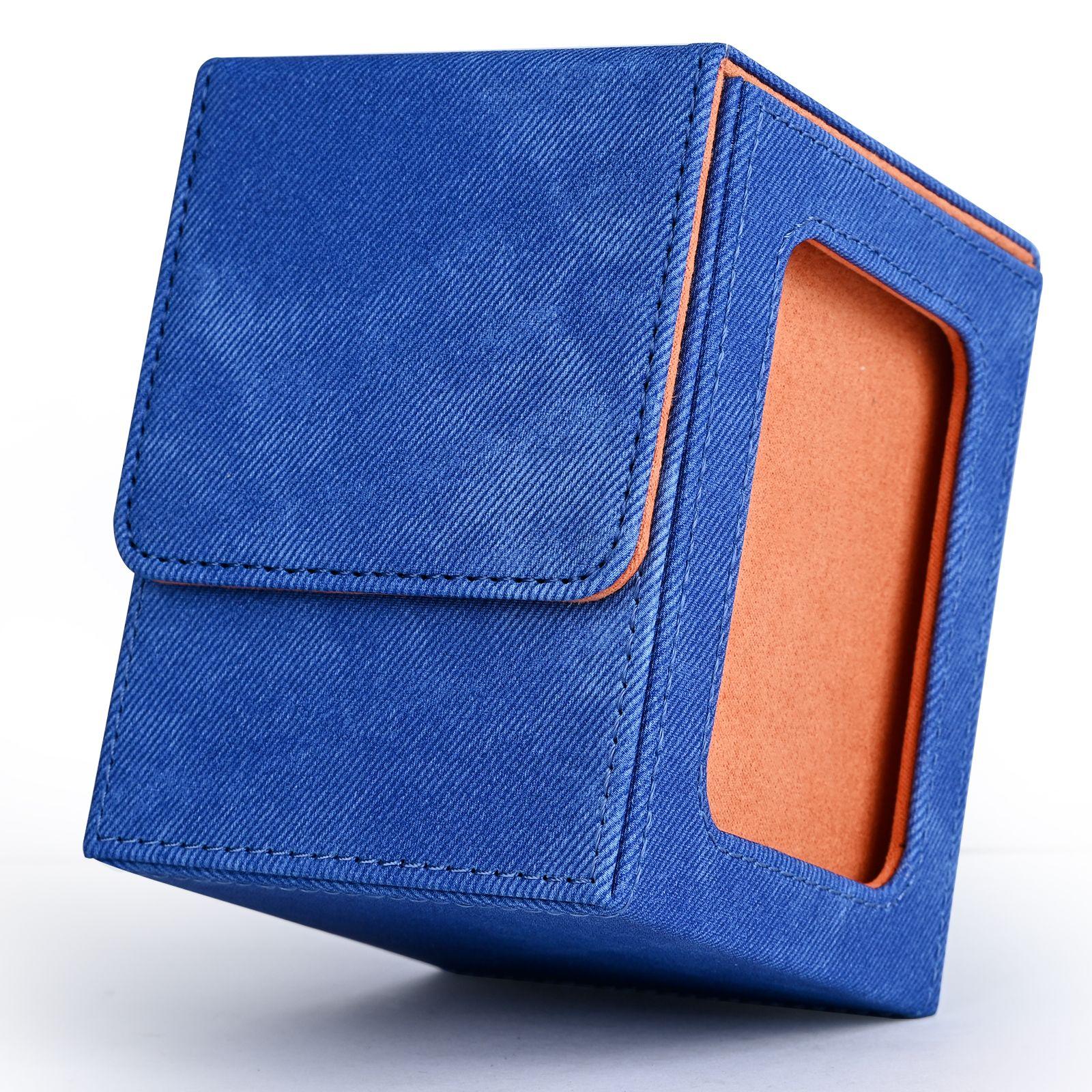 

Card Deck Box with Display Window, Trading Card Storage Case, Holds 120+ Single Sleeved Cards, PU Leather Denim Card Box for TCG
