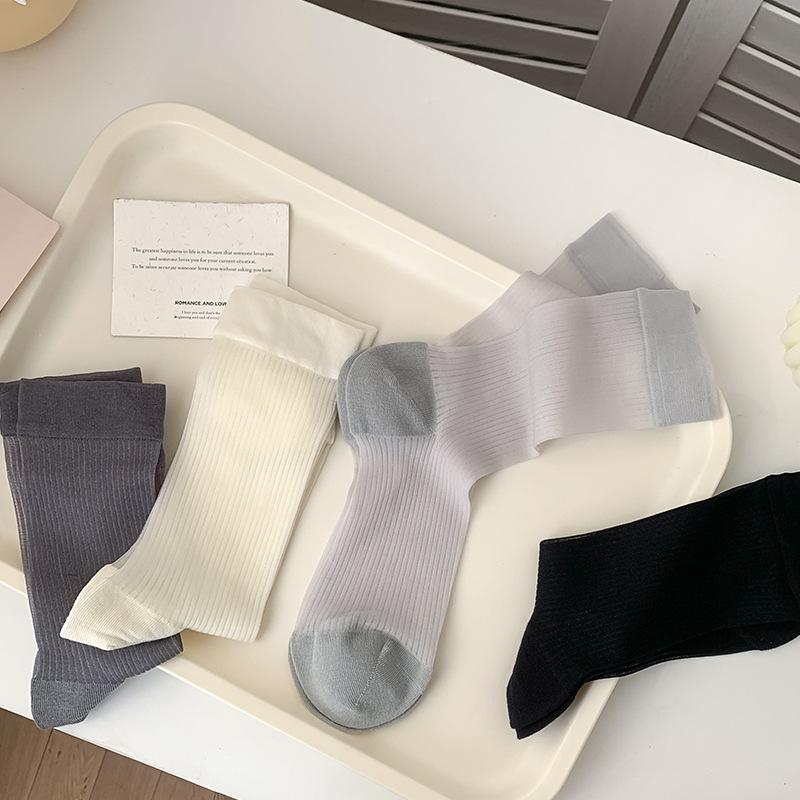 Female Summer Thin Style Breathable Pure Color All Kinds of Vertical Grain Boneless In The Tube Ice Ice Pile Socks