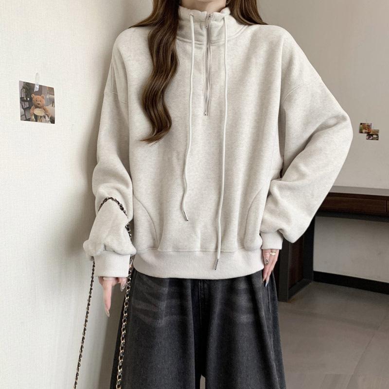 Women Solid Color Loose Half Zip Stand Collar Cropped Thin Casual Sweatshirt