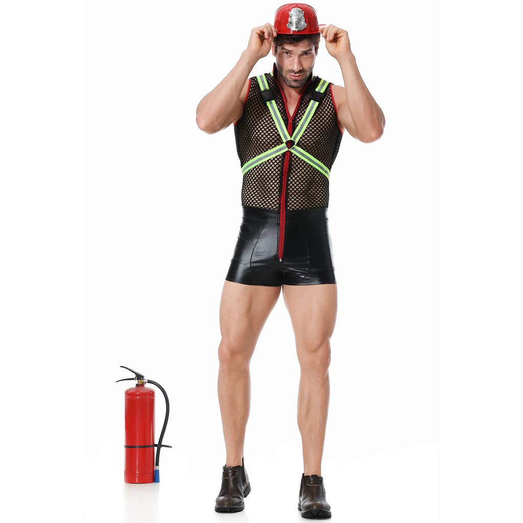 Cosplay reflektierendes Feuerwehrmannkostüm, lustiges Partykostüm für Jungen, Mesh-COS-Feueranzug für Männer