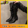 Fashion versatile high boots children's 2025 new autumn and winter pointed thick heel pleated pile thin Martin boots