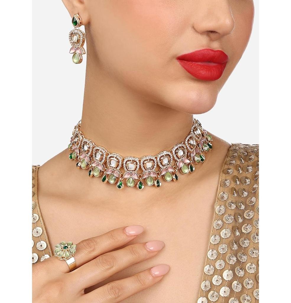 Halskette, Ohrringe und Ring-Set mit grünen und rosa Steinen und österreichischen Diamanten für Damen