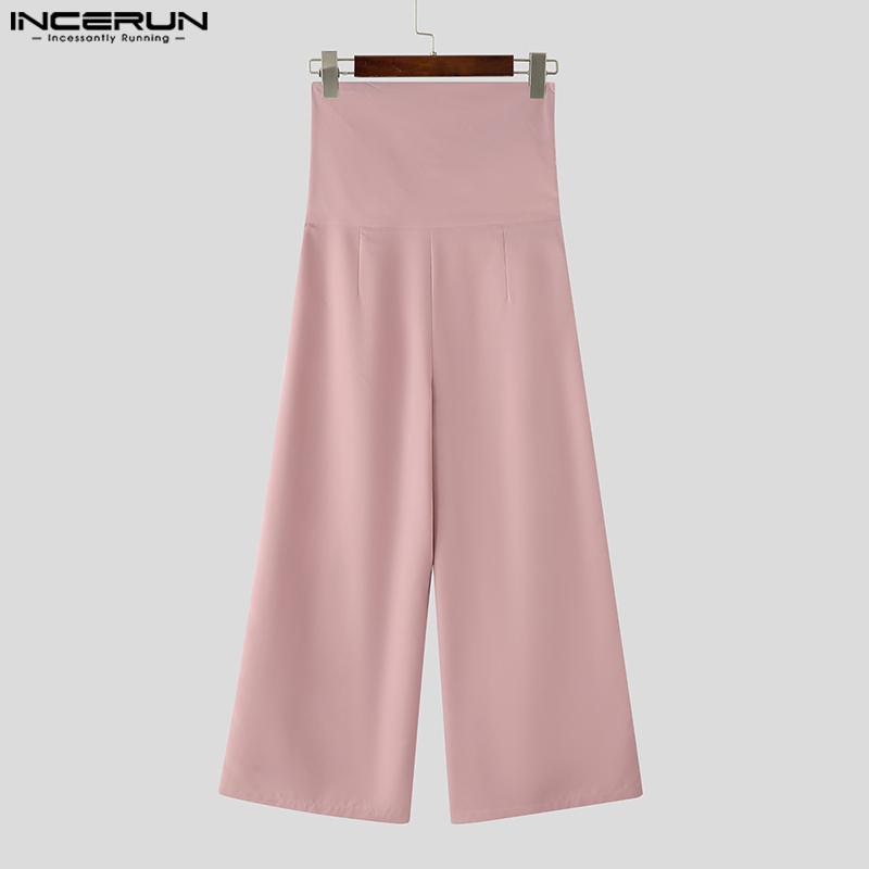 INCERUN Men High Slim Waist Zipper Casual Long Splits Wide Legs Pants Trousers