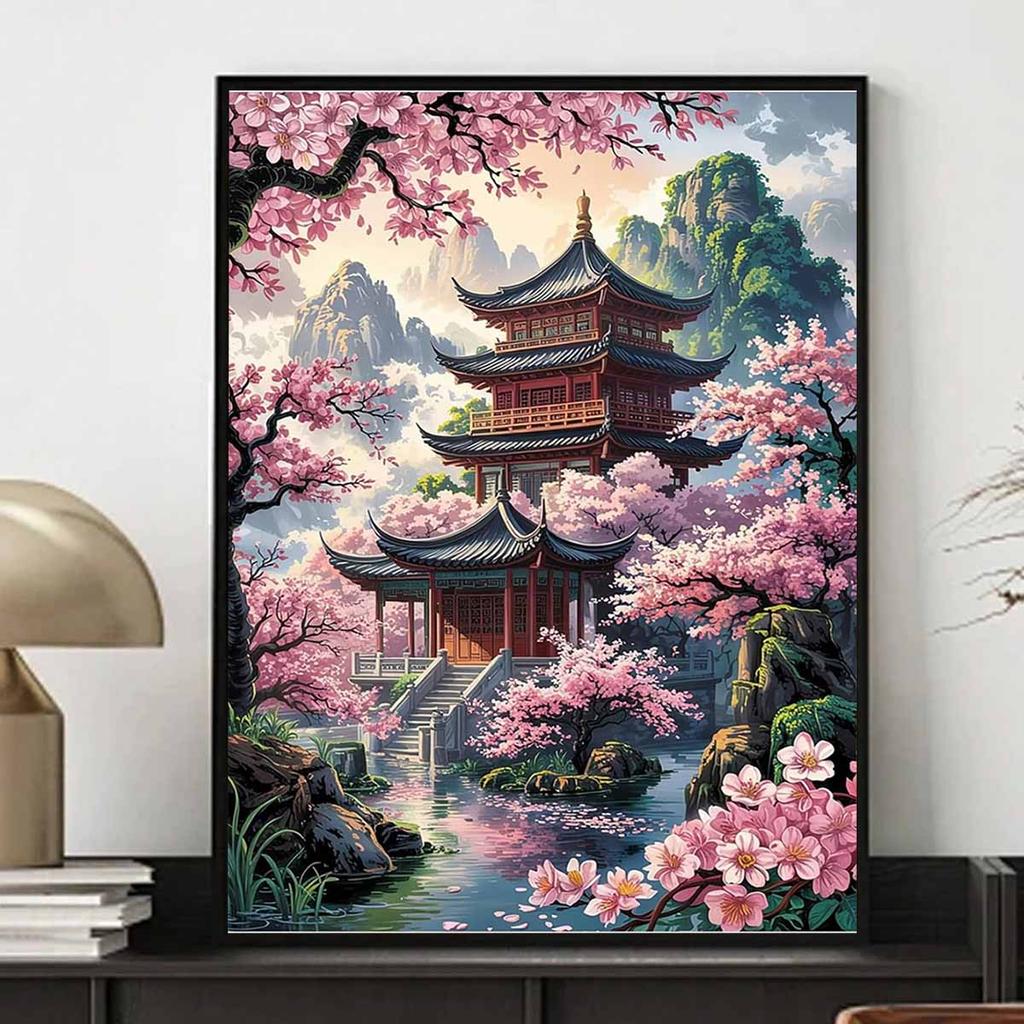 Diamond Painting Set DIY 5D Full Diamond Chinese Pavilion Cherry Blossom Scenery Crafts for Home Wall Decoration