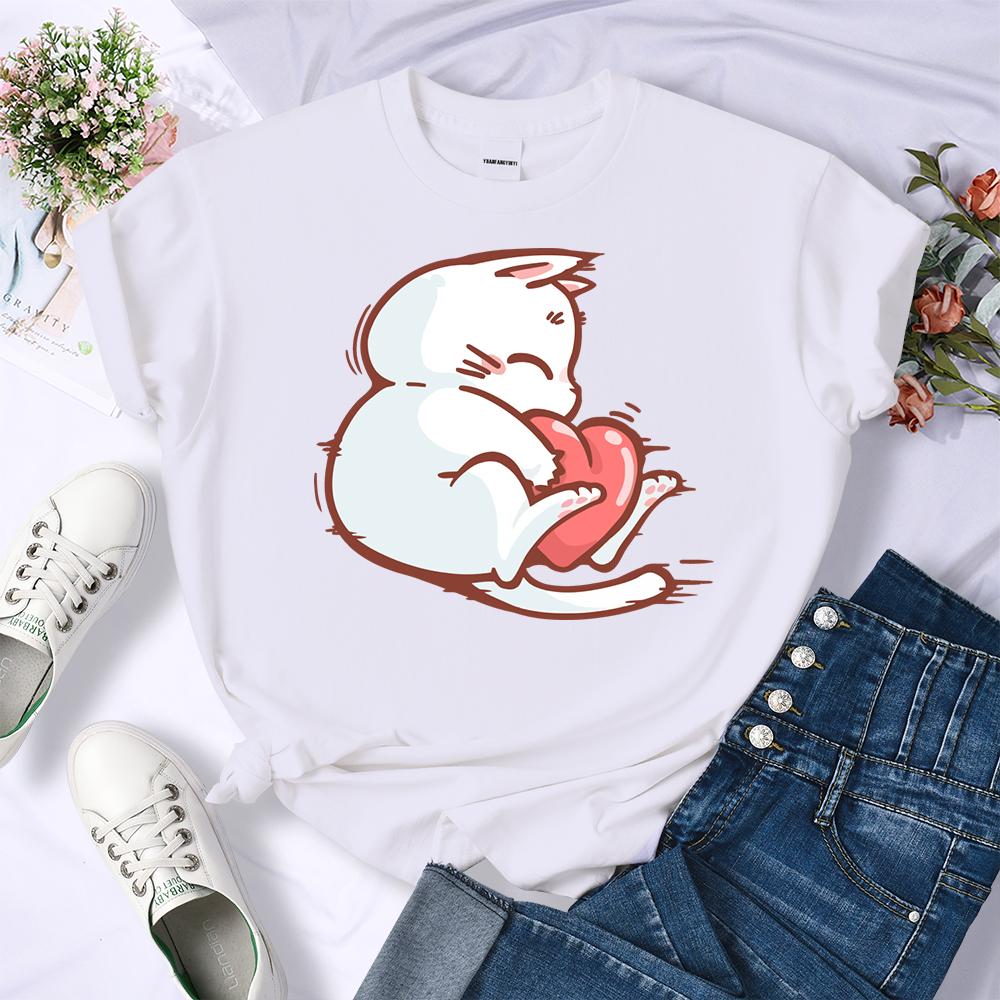 Embrace The Red Heart White Cat Summer 3D Printing Women T-Shirt Hip Hop Soft T Shirts All-Match Y2K Clothing O-Neck Casual Streetwear