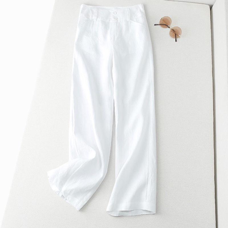 Women's Summer High-Waisted Drapey Linen Straight-Leg Pants - Slimming, Semi-Elastic, Wide-Leg, Casual, Long Cotton Linen Pants