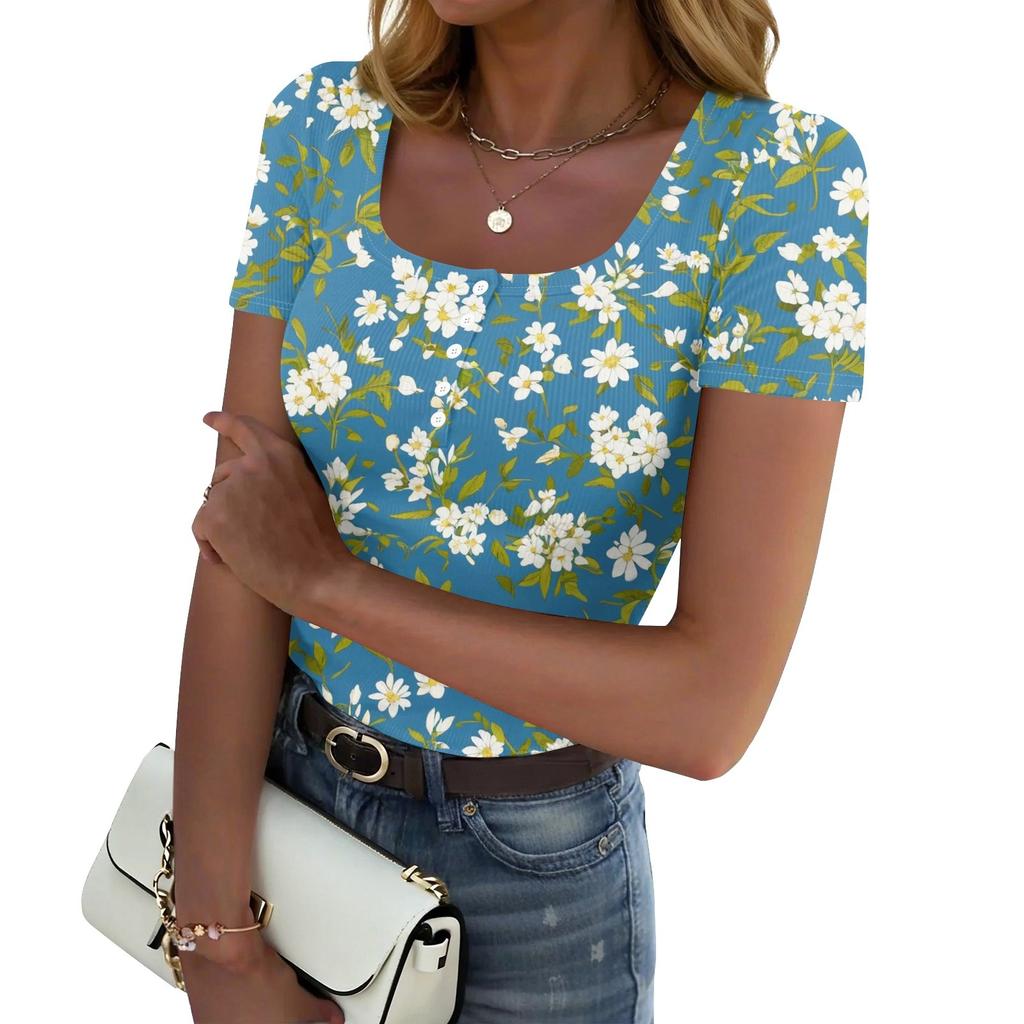 Women's Summer Fashion Tops Short Sleeve Square Neck Button Fashion Casual Floral Ribbed Knit Shirt