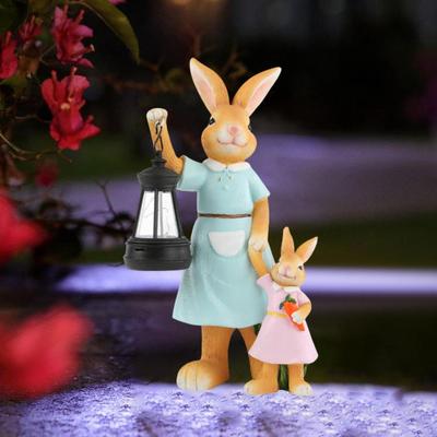 Solar Light Garden Statue Resin Ornament Yard Mother and Daughter Bunny Waterproof Outdoor