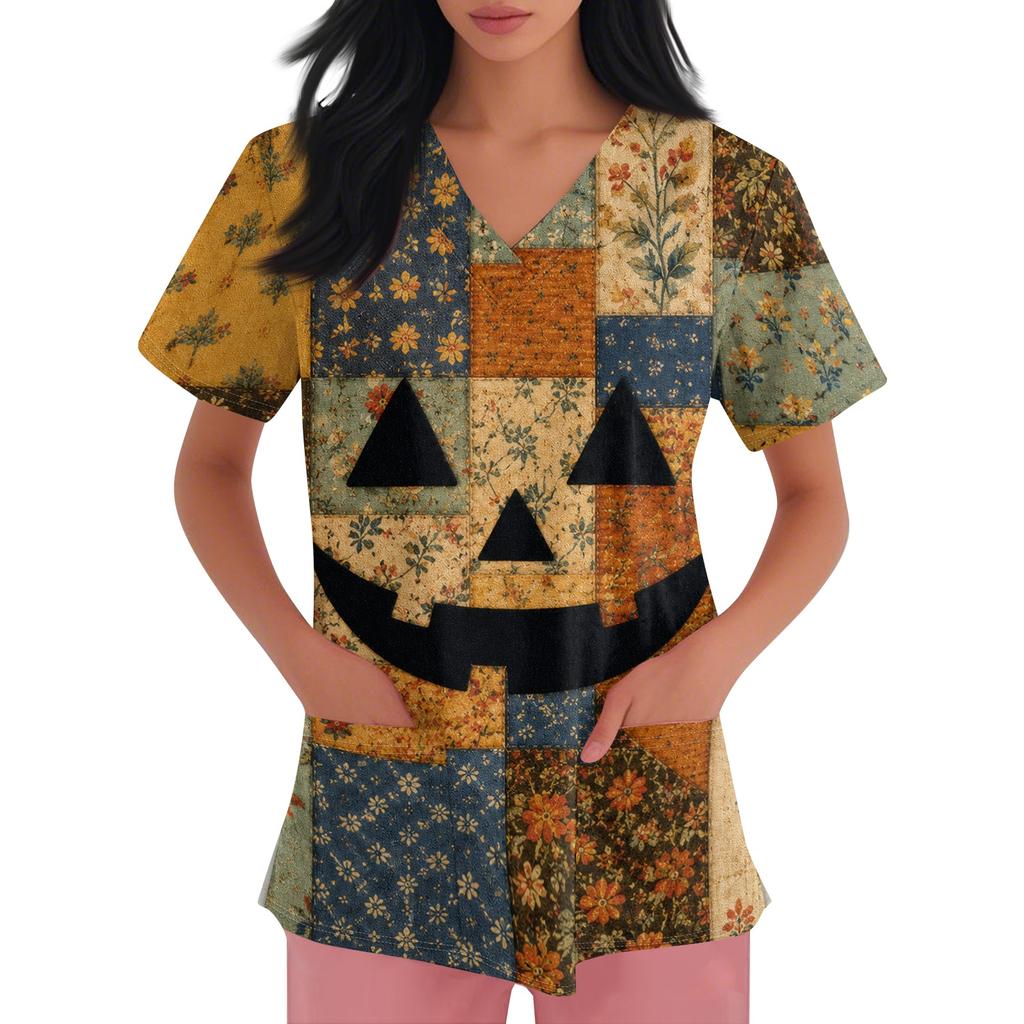 Women's short-sleeved Halloween print V-neck pocket protective work shirt
