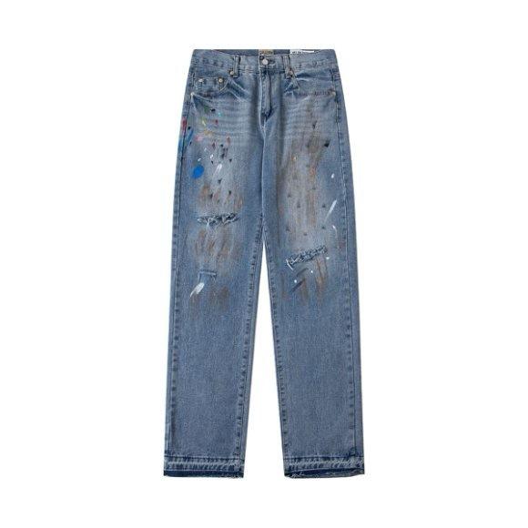 Jeans American Trendy Brand Ripped Ink Splash Men Loose Straight Fit High Street Pants Trousers S синий