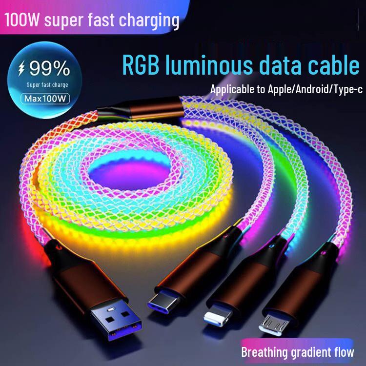 RGB Luminous 3-in-1 Charging Cable for Huawei and Apple - PD-Compatible with Gradient Light for Car Atmosphere.