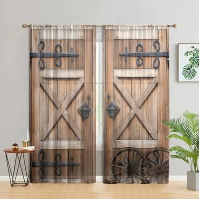 2 Stück, ländliche Scheunentür Holzblockhütte Vorhänge - halbtransparent - geeignet für Wohnzimmer, Schlafzimmer, Küche, Heimdekoration