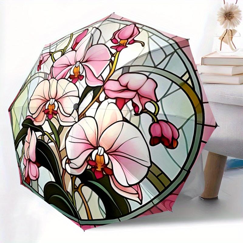 1pc Orchid StainedGlass Auto Open/close Leisure Umbrella, 8-Rib Sturdy Structure, Portable Travel Umbrella, Parties, Everyday Use, Outdoor A