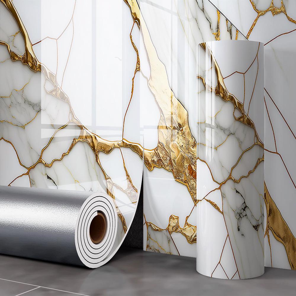 Waterproof Self-Adhesive Marble Tile Wall Sticker for Bathroom, Kitchen & Living Room - Moisture-Proof Wallpaper Renovation.