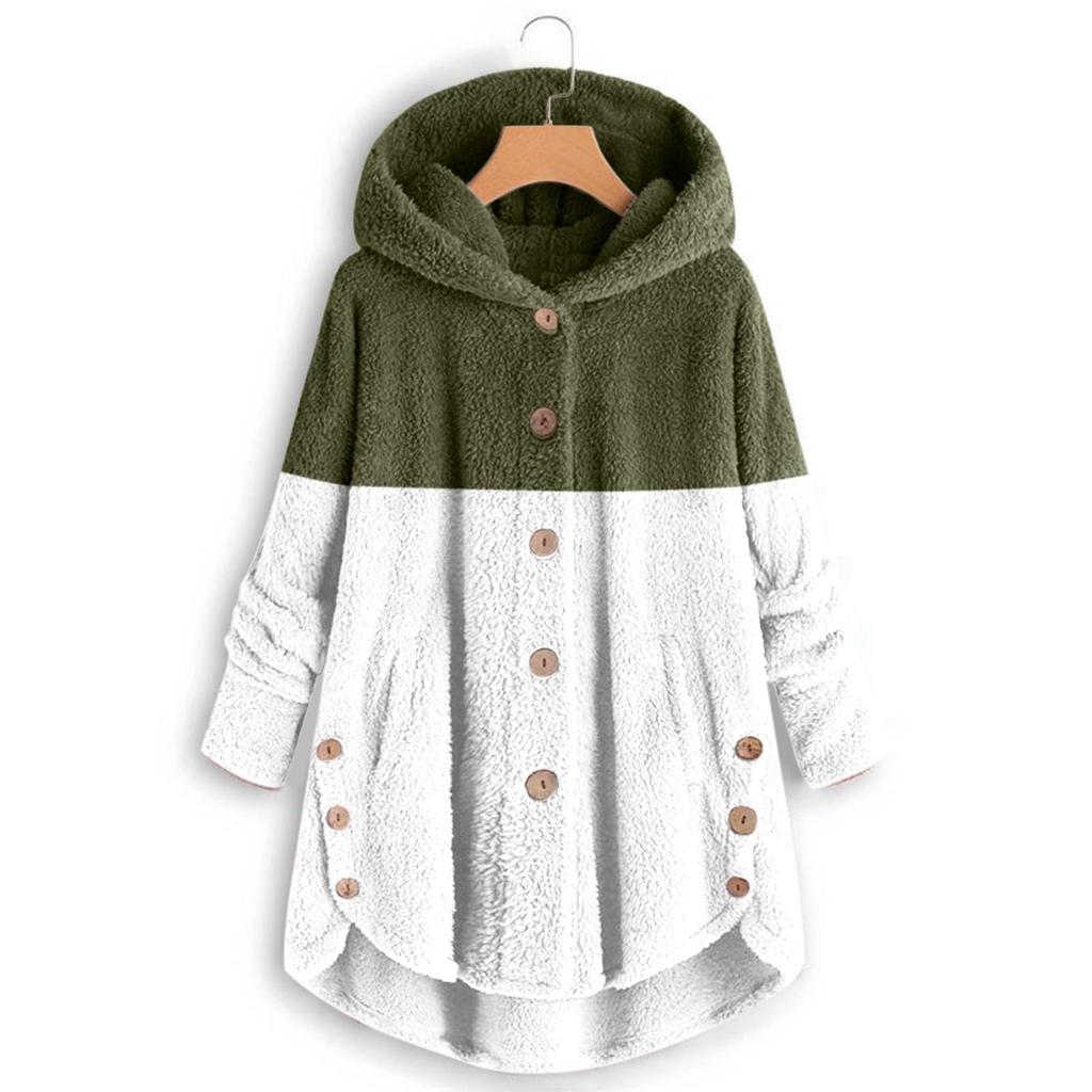 Women's Fashionable Patchwork Loose Hooded Plush Button Long Sleeved Loose Warm Jacket