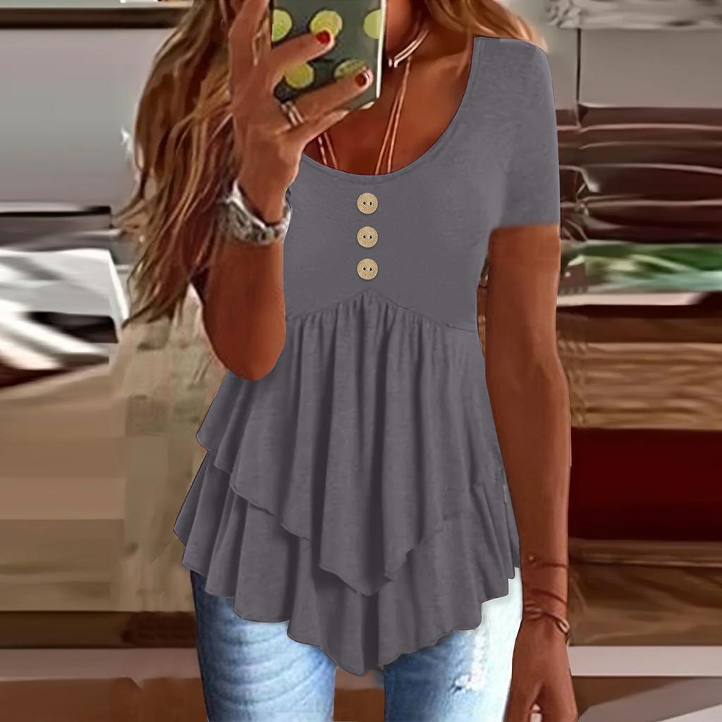 Women's Fashion Loose Three Button Casual Solid Colour Short Sleeve T-Shirt Top