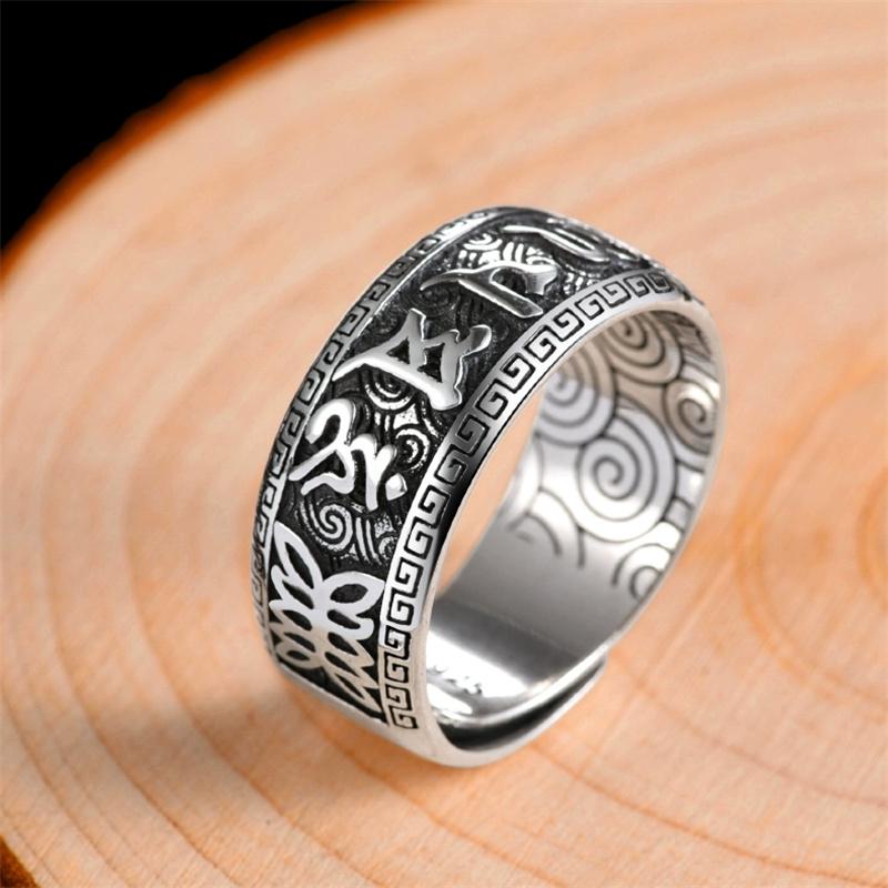 925 Sølv Ring Mannlig Finger Tilbehør Personlighet Retro Buddhistisk Skrift Mantra Om Mani Padme Hum Ring For Menn Justerbar