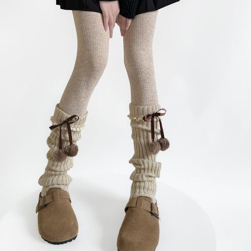 Fashionable Plush Balls Bows Adorned Leg Warmers with Lace Details for Women's Knitted Turn Cuffs Leg Covers Sleeves