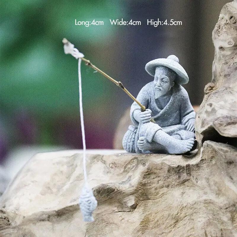 

1pc Sitting Old Man Fish Tank Ornament Fishing Figurine Home Garden Table Decor ini Fisherman Statue Asian Zen Decoration