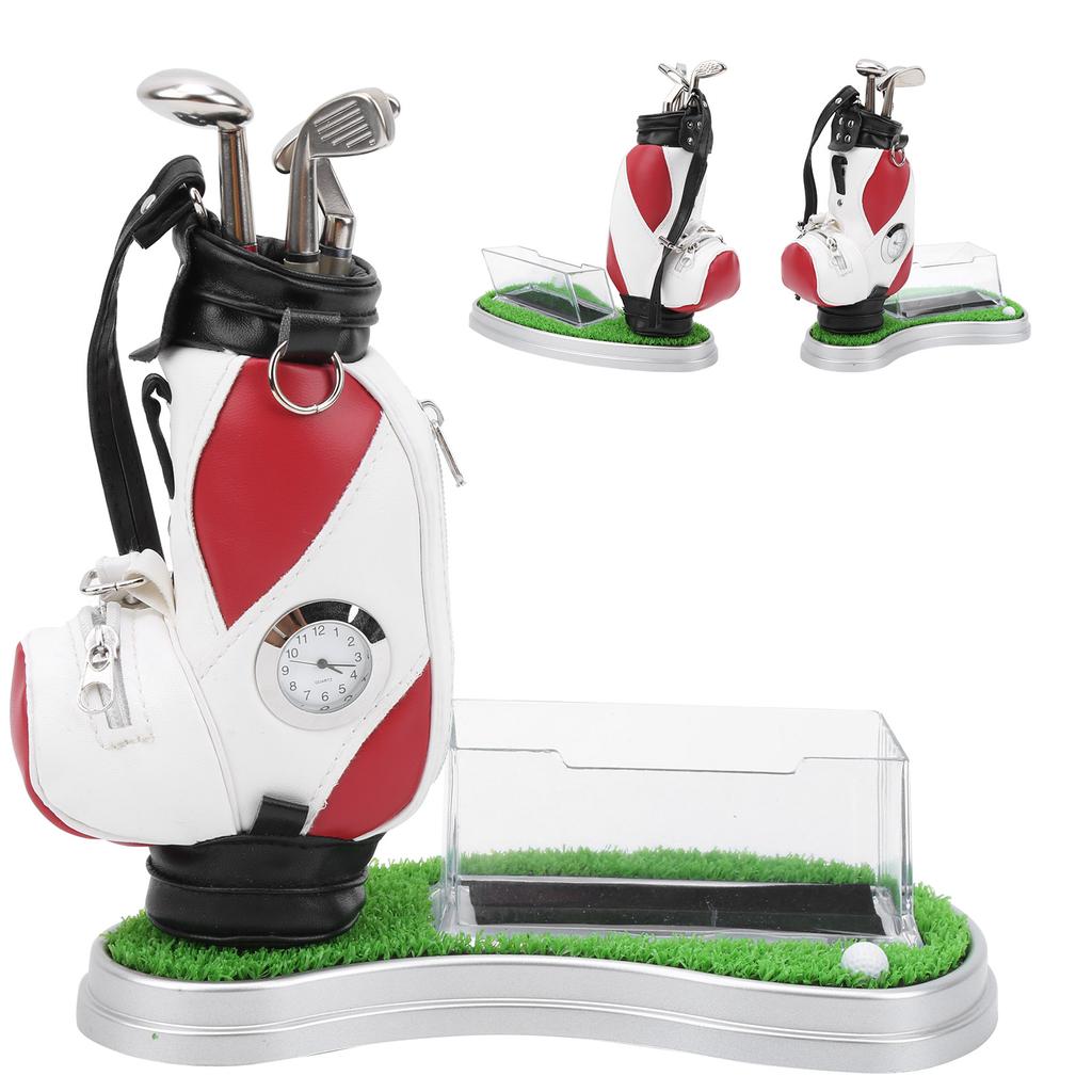 Golf Bag Pen Holder with Clock Card Case Kit for Desk Decoration Golf Gift for Golfer Fans