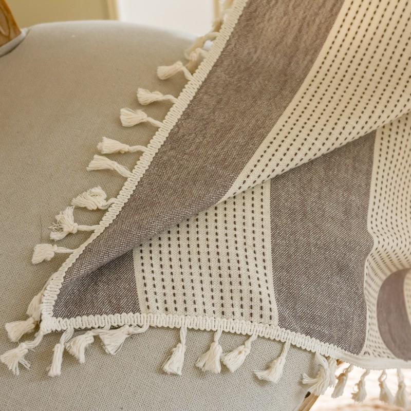 Modern Striped French Style Semi-Sheer Curtain Living Room Balcony Cotton Drapery With Rod Pocket Tassel Trim
