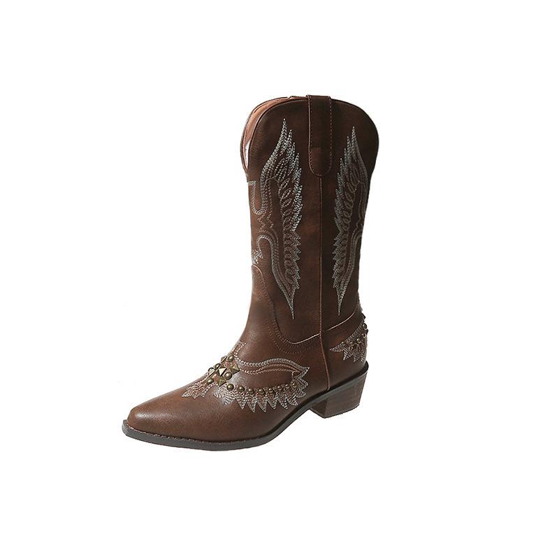 Vintage rivet western boots 2025 new thick heel V-mouth embroidered knight boots pointed cowboy boots medium boots
