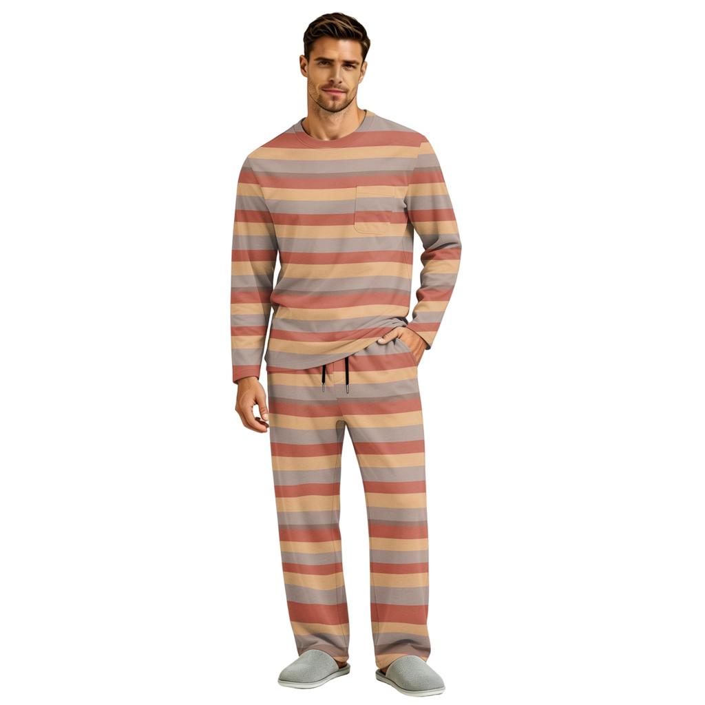 Men's Long Sleeve Pajama Set with Button Crotch and Elastic Drawstring Waist Pants for Home Loungewear