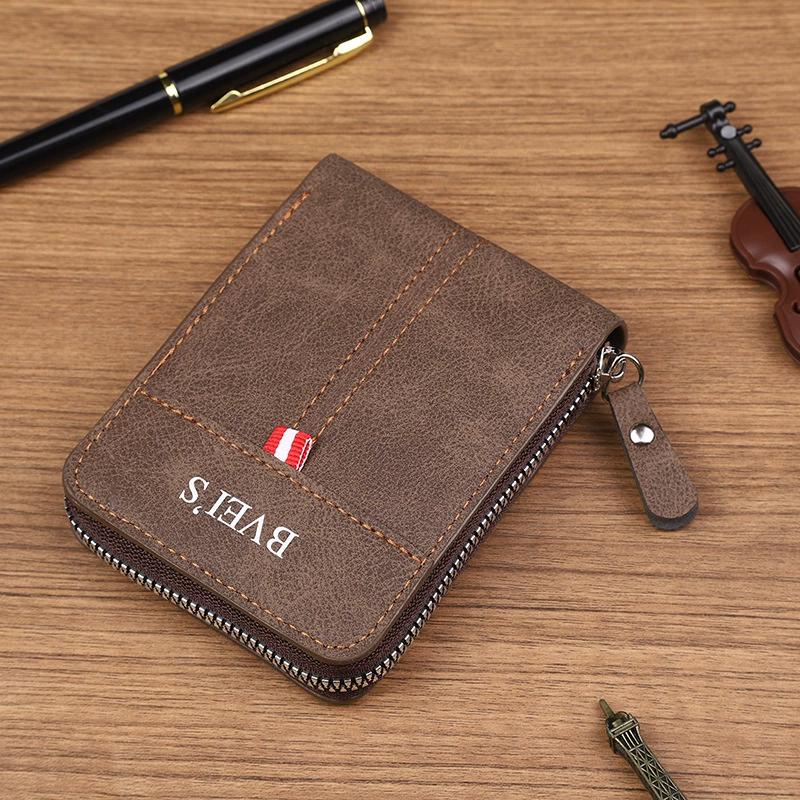 Men's Short Wallet Card Holder Zipper 3 Fold Purse Leather Money Clip Retro Casual Buckle Square Bag