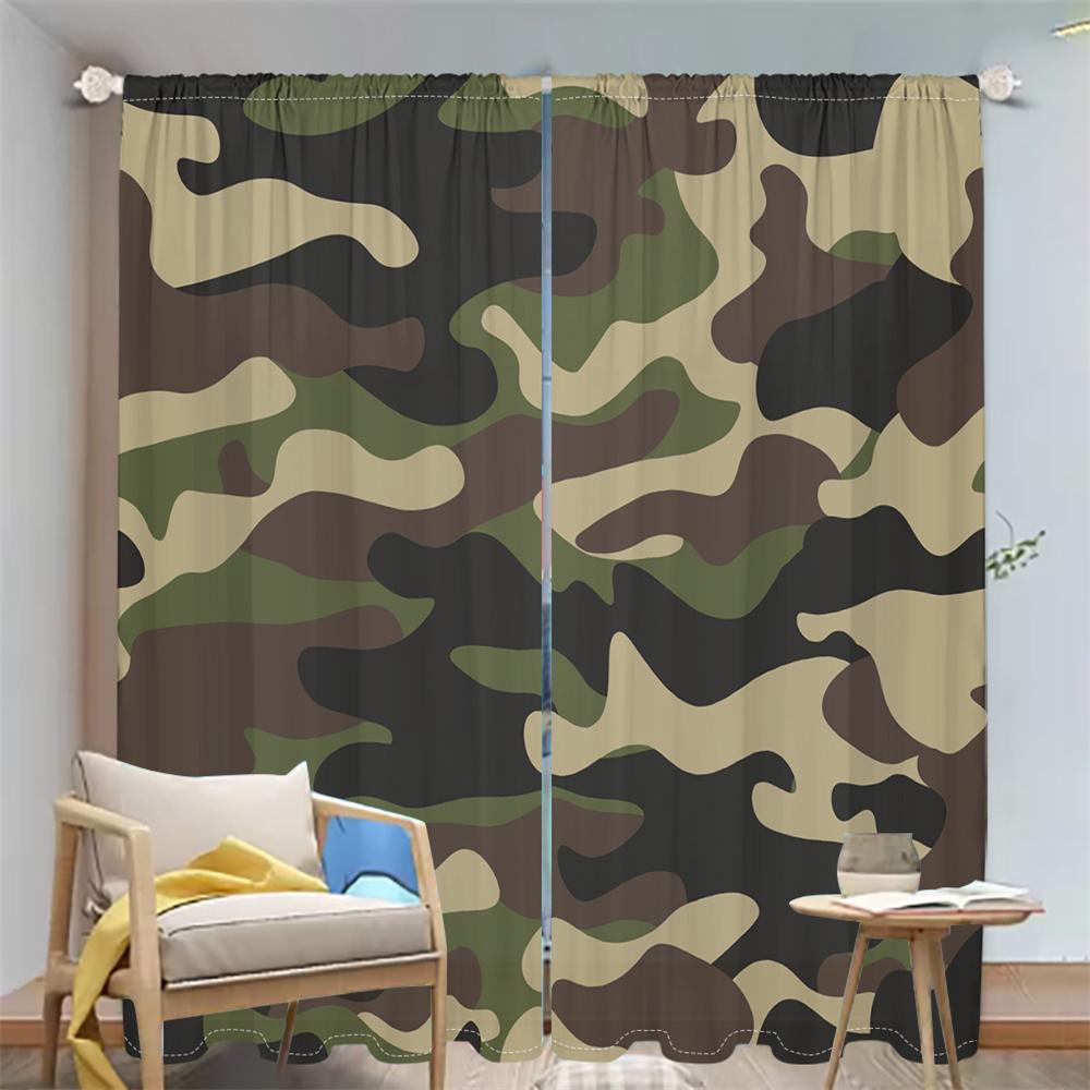 2Pcs Camouflage Pattern Curtains Army Green Jungle Style Living Room Bedroom Sunshade Outdoor Adventure Theme Decor Curtains