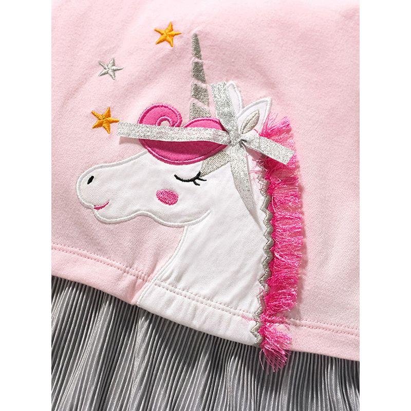 Girl Pink Pleated Dress Baby Short Sleeve Fashionable Skirt Children's Summer Clothing Children's Unicorn Princess Dress