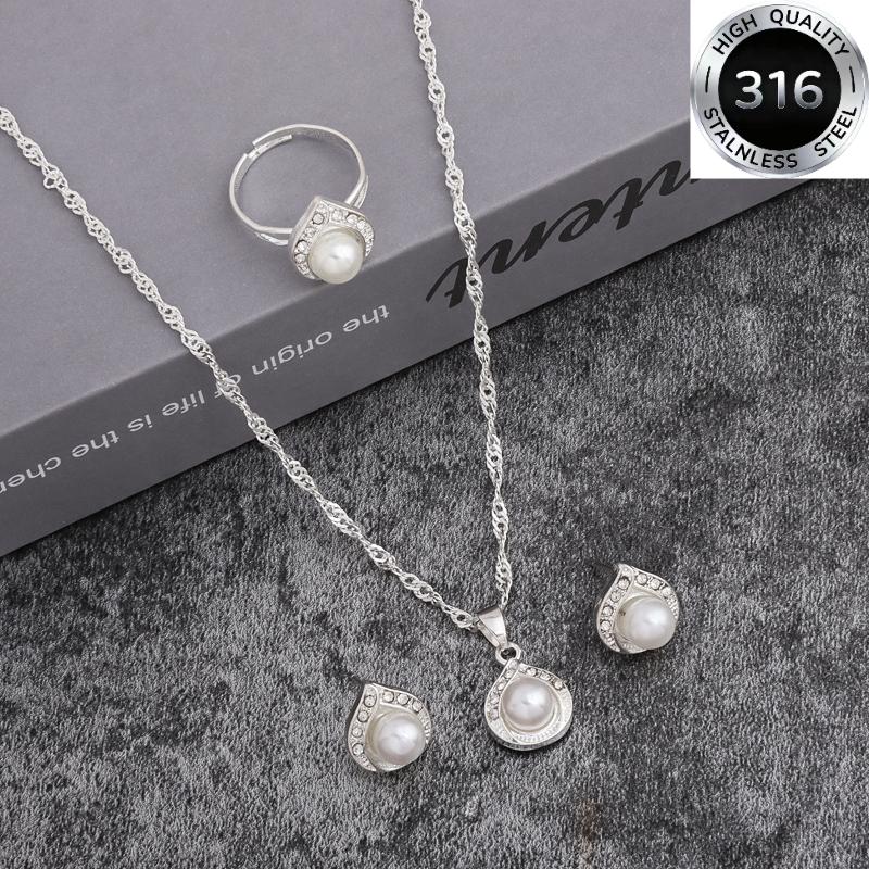 Exquisite, light luxury, elegant and fashionable silver stainless steel creative women s personalized versatile stylish high-end earrings, rings, and Necklace+Ring+Earring set серебряный