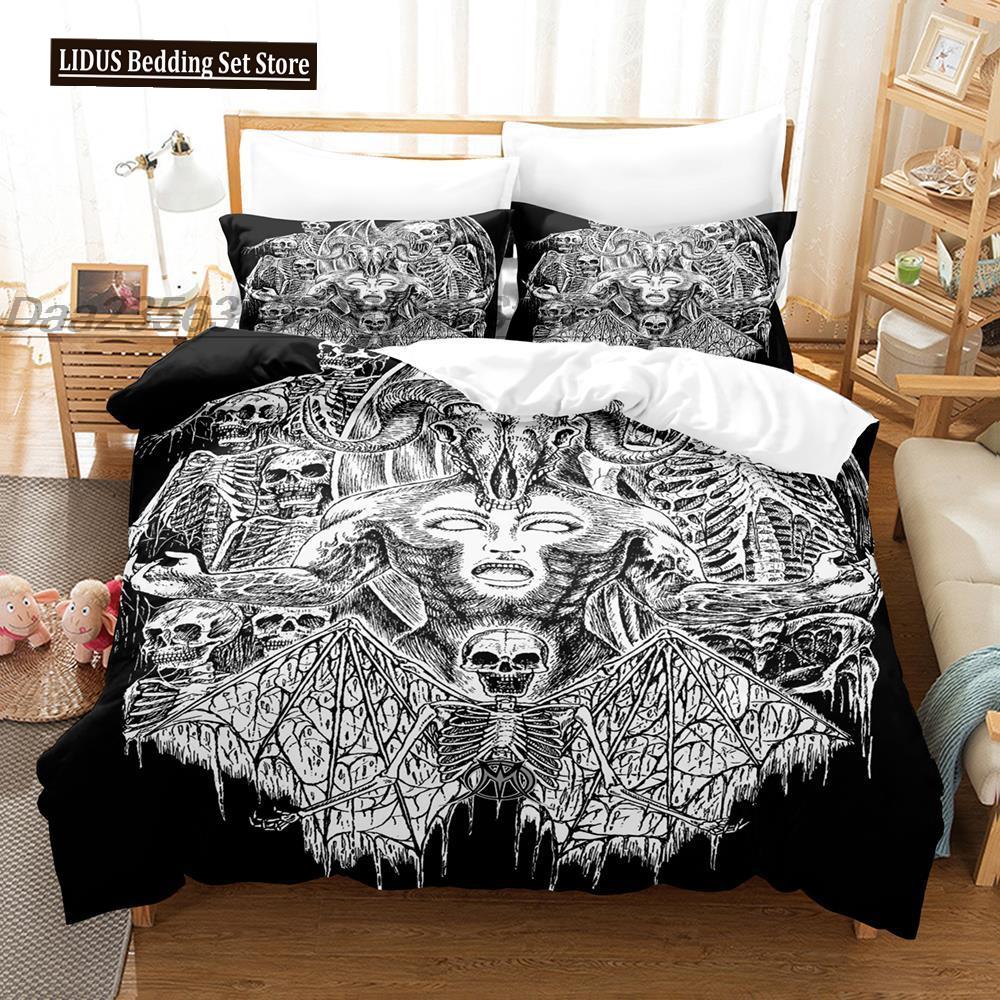 Dark Satanic Duvet Cover Set Satan Goat Inverted Pentagram Skull Bedding Set Full King Size Bed Set Bedroom Comforter Cover Set