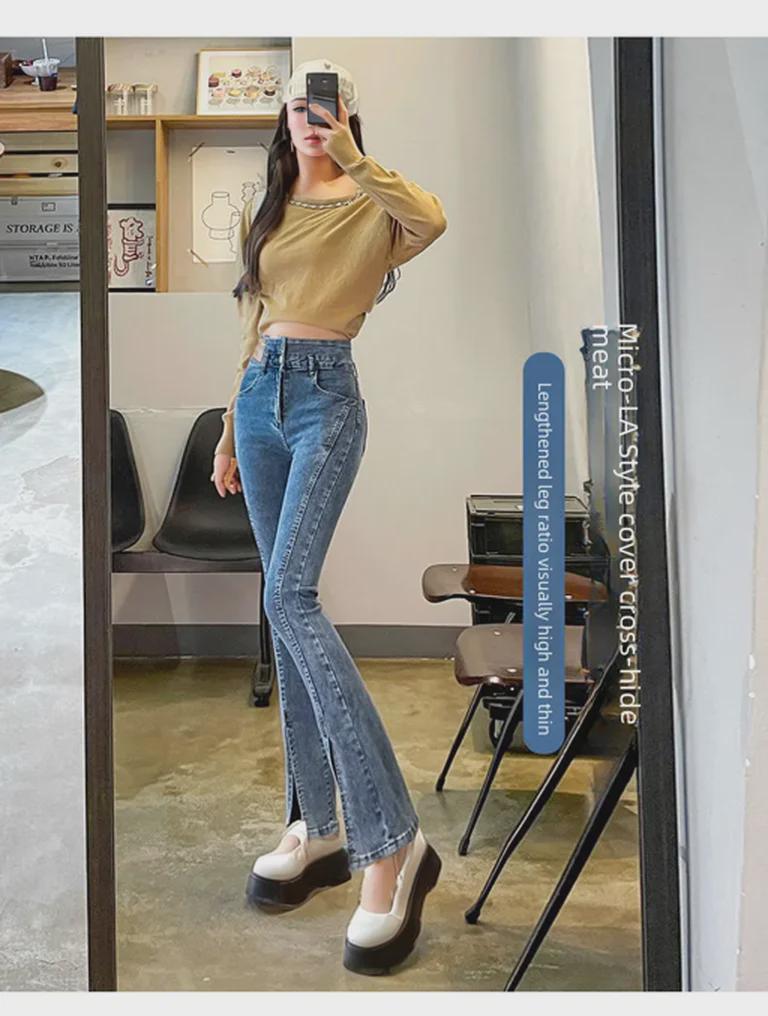 Korean Style High Waist Slit Jeans for Women - Autumn/Winter Slim Fit, Double Button, Elastic Flared Wide Leg Trousers