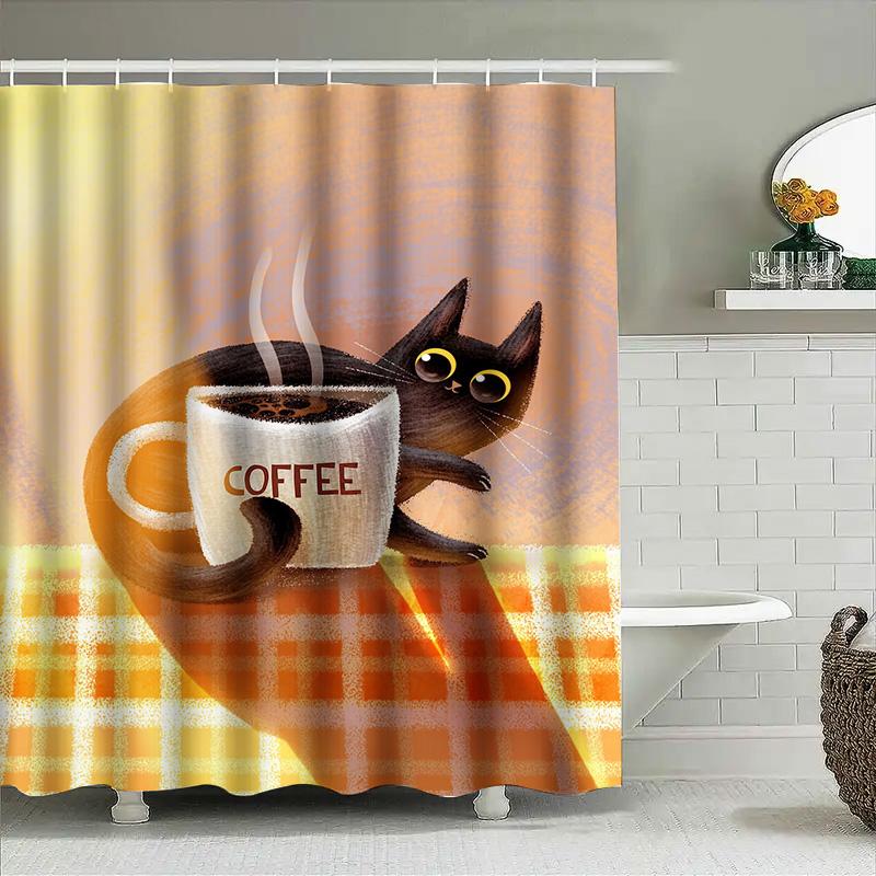 Coffee Cup Shower Curtain With Black Cat Design For Bathroom Decor Cartoon Print Home Accessories Towel Background