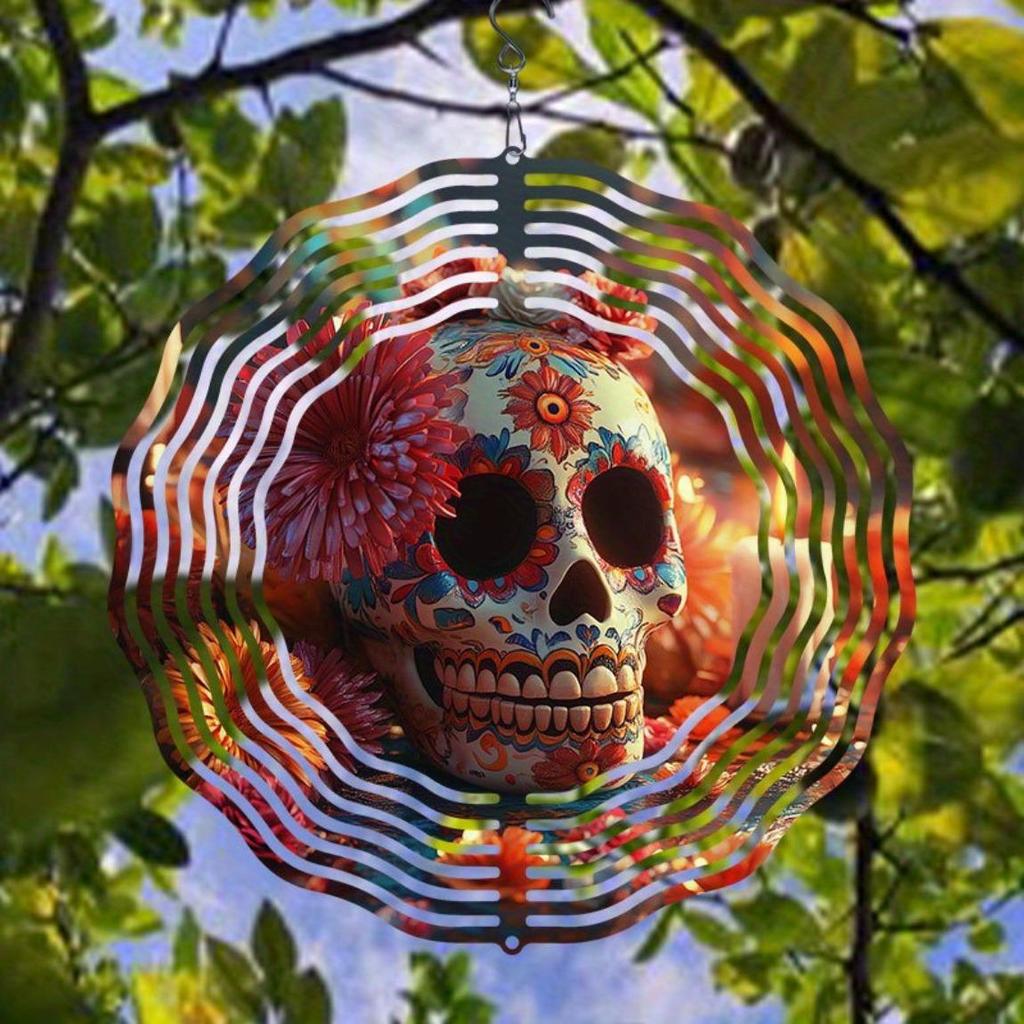 Bunter Totenkopf Windspiel Außengartendekor Unendliche Drehung Windmühle für Hof Terrasse Halloween Tag der Toten Festival