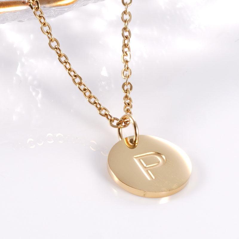 18K Gold Stainless Steel Minimalist Letter Necklace with 26 Round Pendant Options