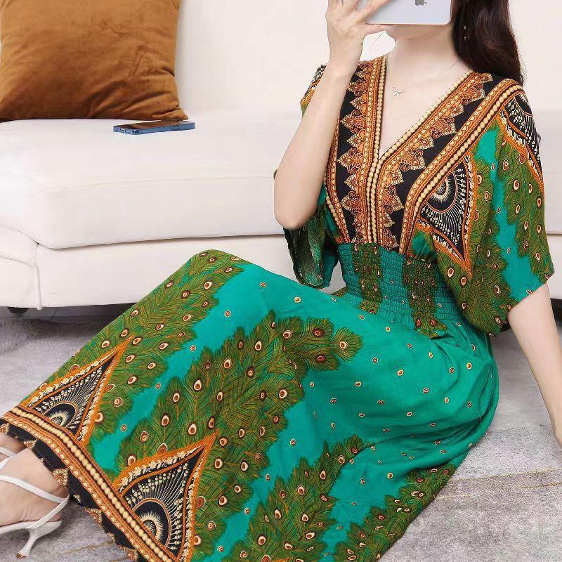 Ethnic Style V-neck Cotton and Silk Short-sleeved Beach Dress Thailand Travel Dress Summer Print Vacation Floral Skirt