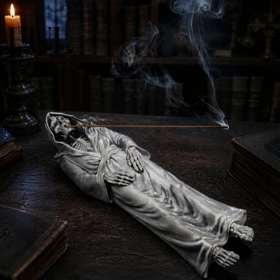 Gifts for Horror Lovers Grim Reaper Incense Stick Holder, Resin Gothic Laying Skeleton Statue Burner, Burner Collectible Tabletop Ornament Meditation